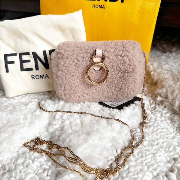 SOLD🎄Fendi Nano Fur Shearling Baugette Rose Pink Bag Charm Chain Mini Bag - Picture 8 of 16